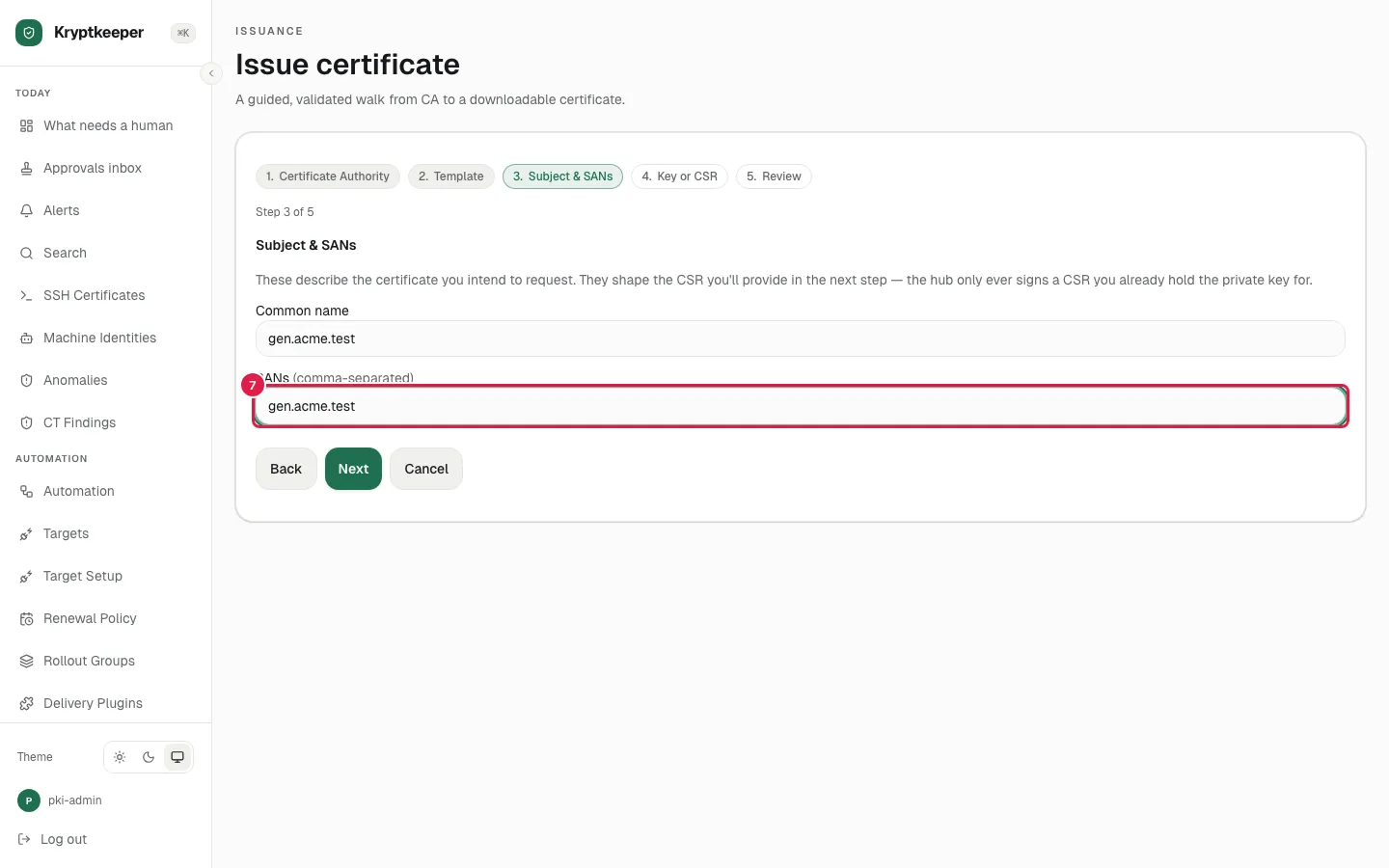 Fill Subject alternative names with "gen.acme.test"